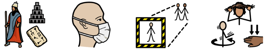 Symbols for: Babylonians, face mask, quarantine, stimming