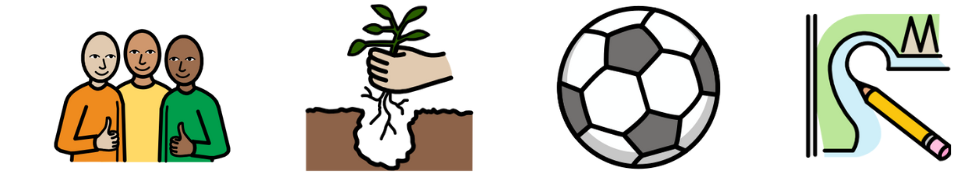 Symbols for: friends, plant, football, drawing