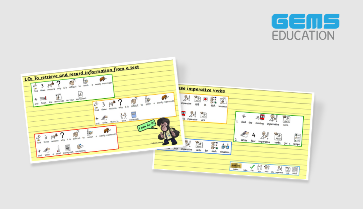 Two educational sheets featuring Widgit symbols. The first sheet is titled 'LO: To retrieve and record information from a text,'' showing step-by-step guidance using symbols. The second sheet is titled 'LO: To use imperative verbs,'' featuring symbols that describe actions like add, mix, and  use. Both sheets are designed to help learners understand key concepts through symbol-supported text.