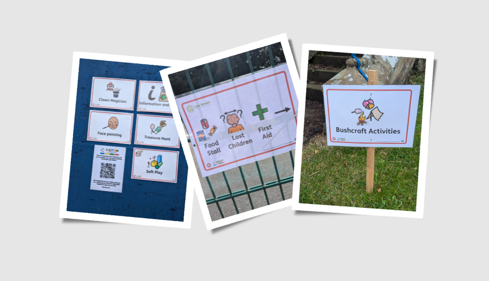 A collage of three photos showing symbols for Clown Magician, Face Painting, Treasure Hunt, Face Painting, Soft Play, Food Stall, Lost Children, First Aid, Bushcraft Activities.