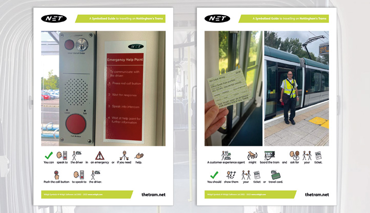 2 pages from the symbol guide to travelling on Nottingham trams