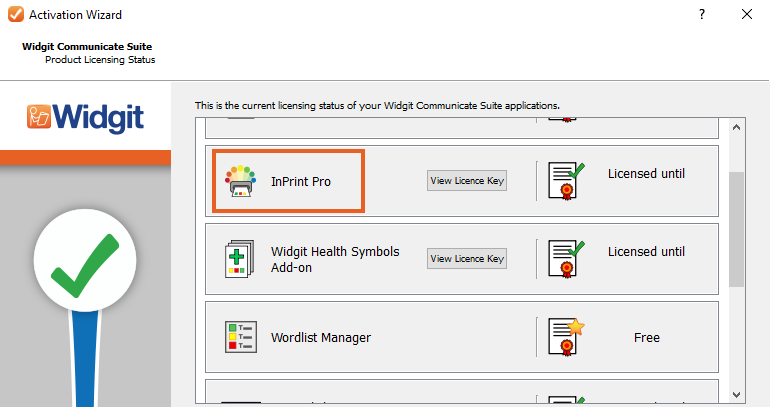 Widgit Product Activator showing InPrint Pro tier