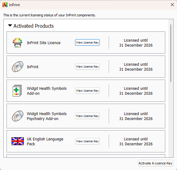 Widgit Product Activator showing InPrint Pro tier